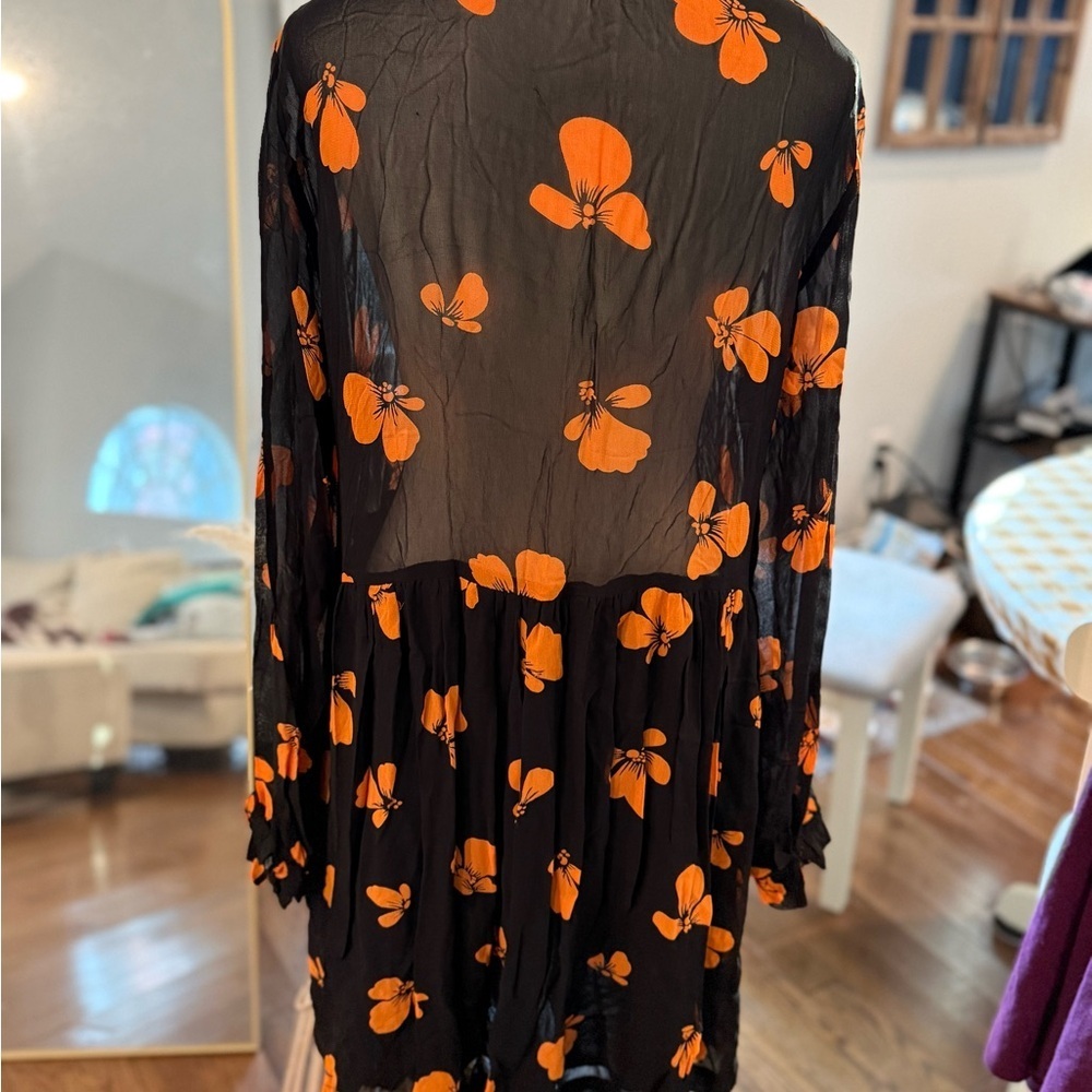 Ganni Black Sheer Dress with Orange Floral Design Lined on Bottom - Picture 12 of 15
